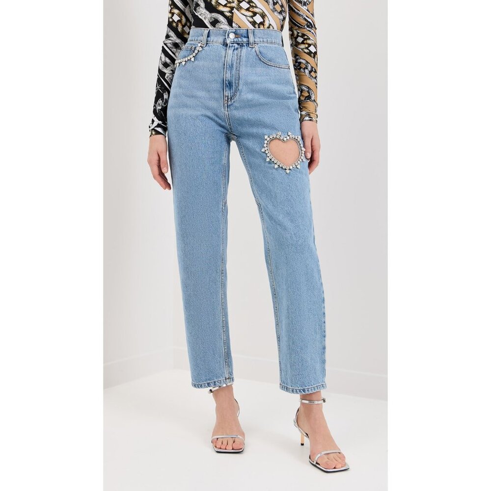 AREA Light Blue High-Waist Cropped Jeans with Heart Cutout